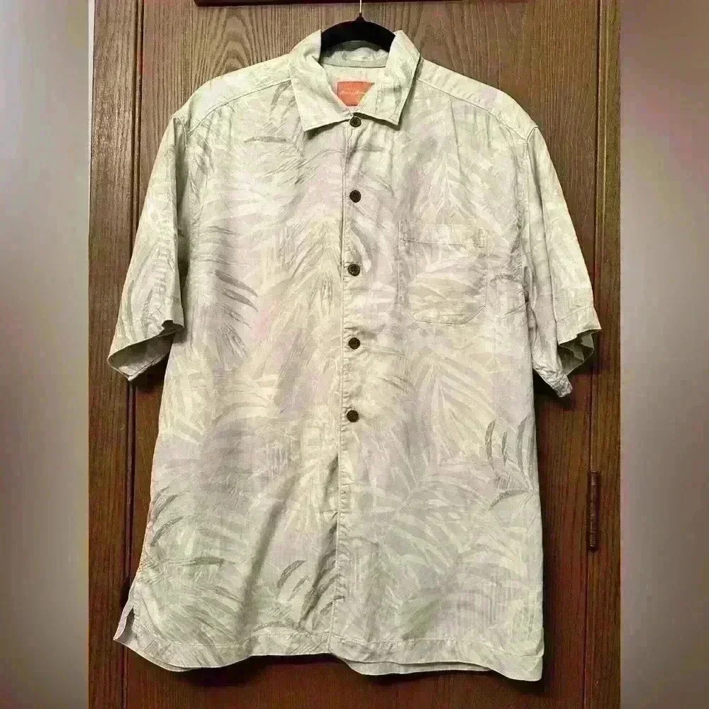 Tommy Bahama Silk Tropical Leaf Print Button-Down Shirt Beige - M